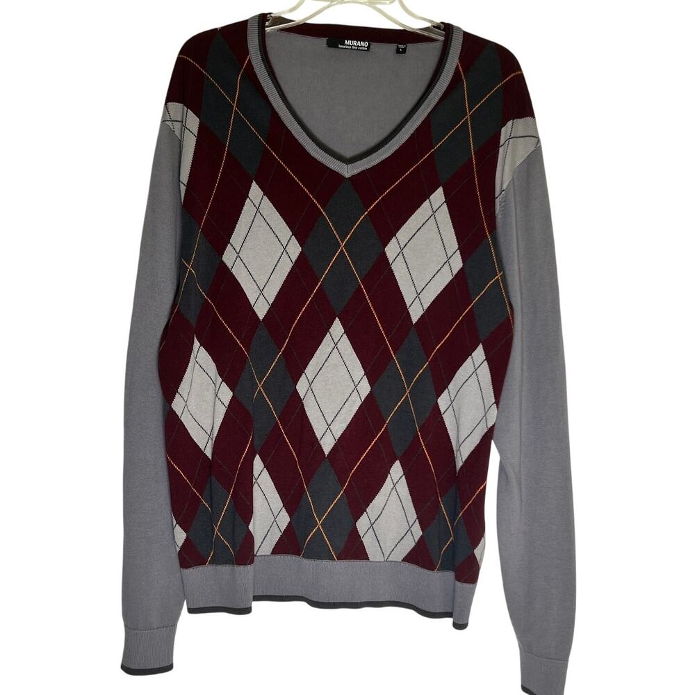 Murano Fine Cotton Long Sleeve Argyle V-Neck Pullover Sweater Men's L Gray/Red